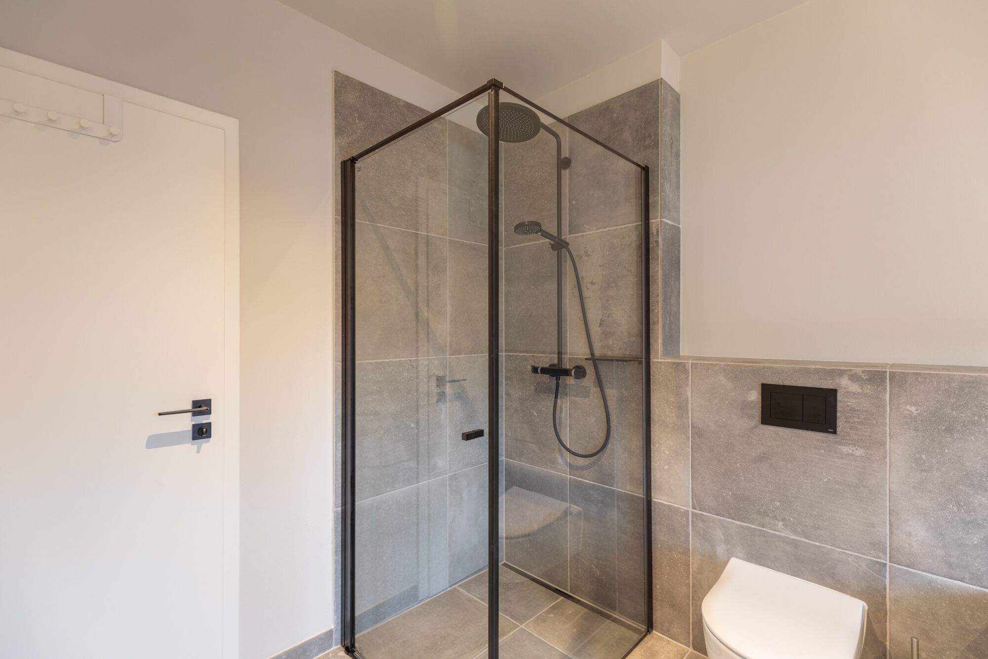 A modern bathroom with a glass-enclosed shower, a white toilet, and a wall-mounted control panel.