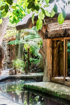 A rustic building with a stone exterior and a wooden door, surrounded by lush greenery and a small pond. - Wonderland Cape Town (Cape Town)