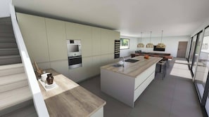 Coffee/tea maker, fridge, microwave, oven