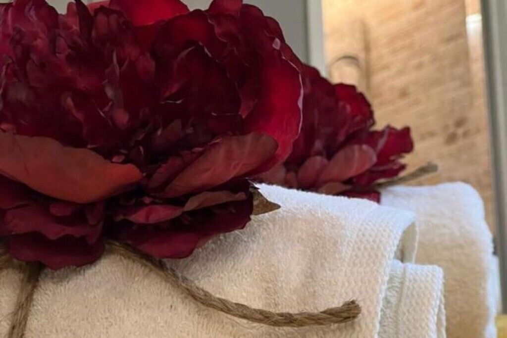 Un ramo de flores rojas atado con un hilo marrón, sobre una superficie blanca.