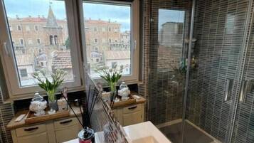 Shower, hair dryer, bidet, towels