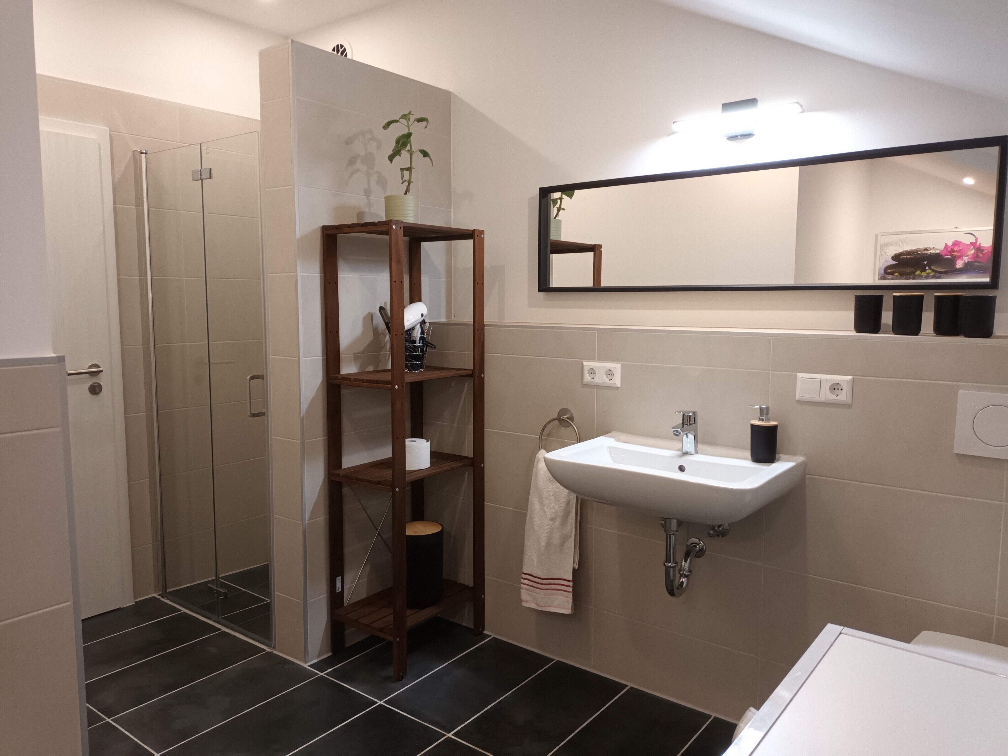 Shower, free toiletries, hair dryer, towels