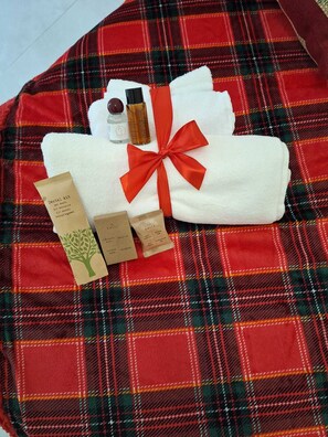 Hårføner, håndklær, såpe og toalettpapir