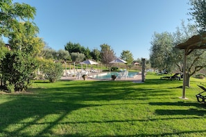 Un jardín bien cuidado con piscina, tumbonas y mesas de picnic.