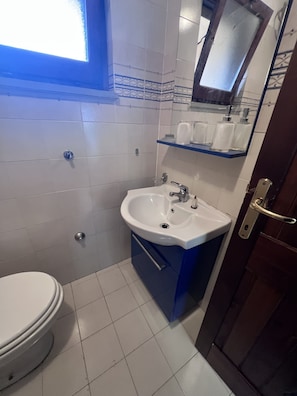Ein Badezimmer mit Toilette, Waschbecken und Spiegel.