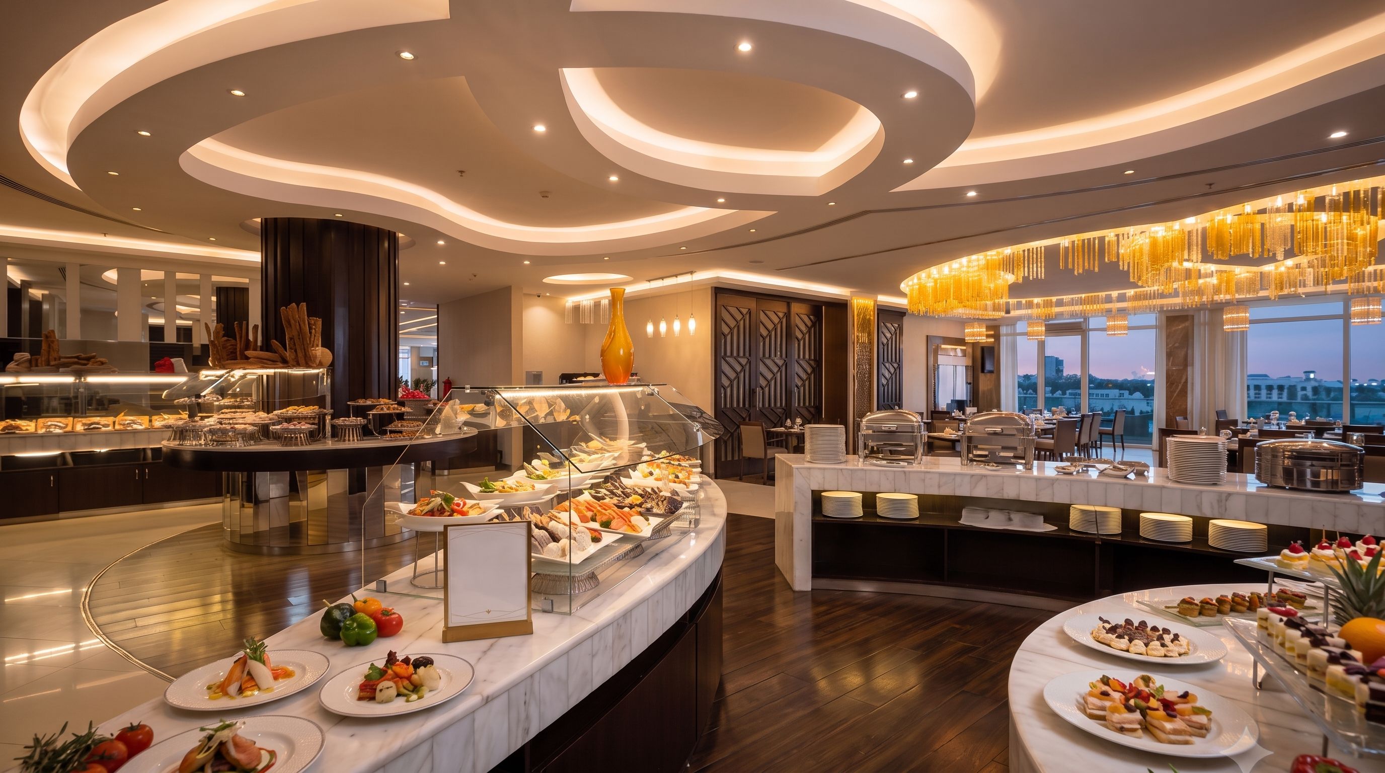 A buffet area with various food options and a modern interior design.