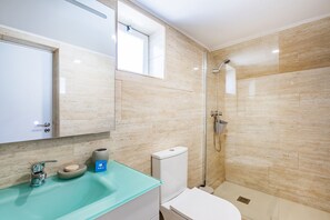 Ducha, cabezal de ducha tipo lluvia, secador de pelo, toallas