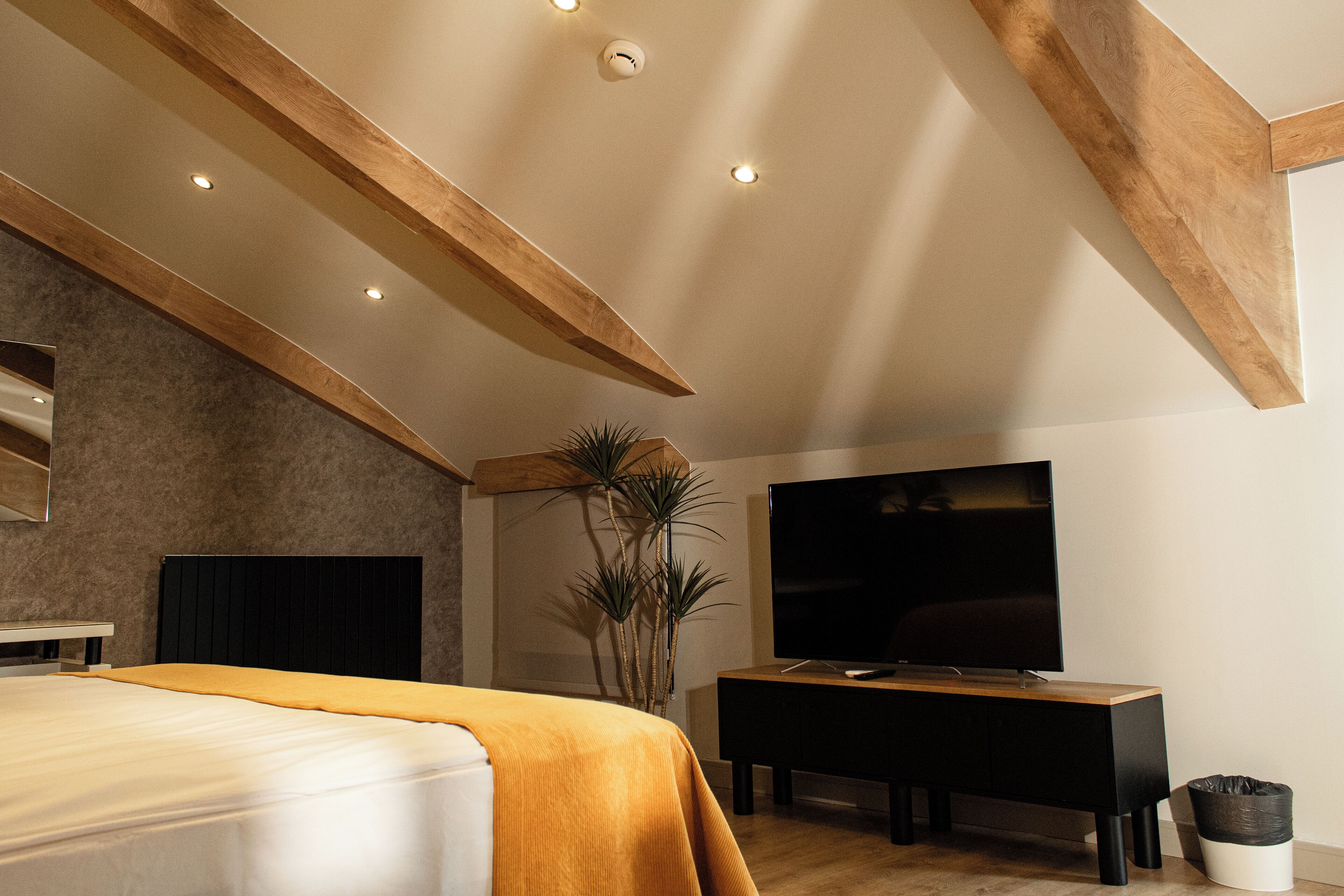 Quarto com cama, televisão, planta e teto de madeira.