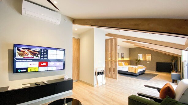 Una habitación de hotel moderna con televisor de pantalla plana, sofá, cama y techo de madera.