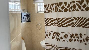 Hair dryer, towels, soap, shampoo