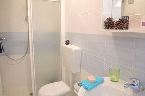 A bathroom with a shower, toilet, sink, and a mirror with pine cones. - Fantastic one Bedroom Apartment With Swimming Pool (San Michele al Tagliamento)