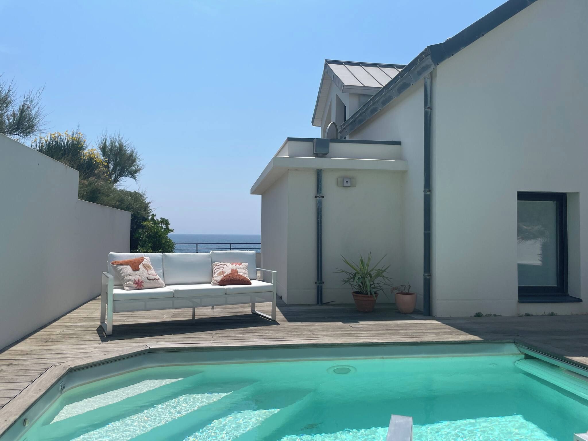 A modern outdoor pool area with a white sofa and potted plants.