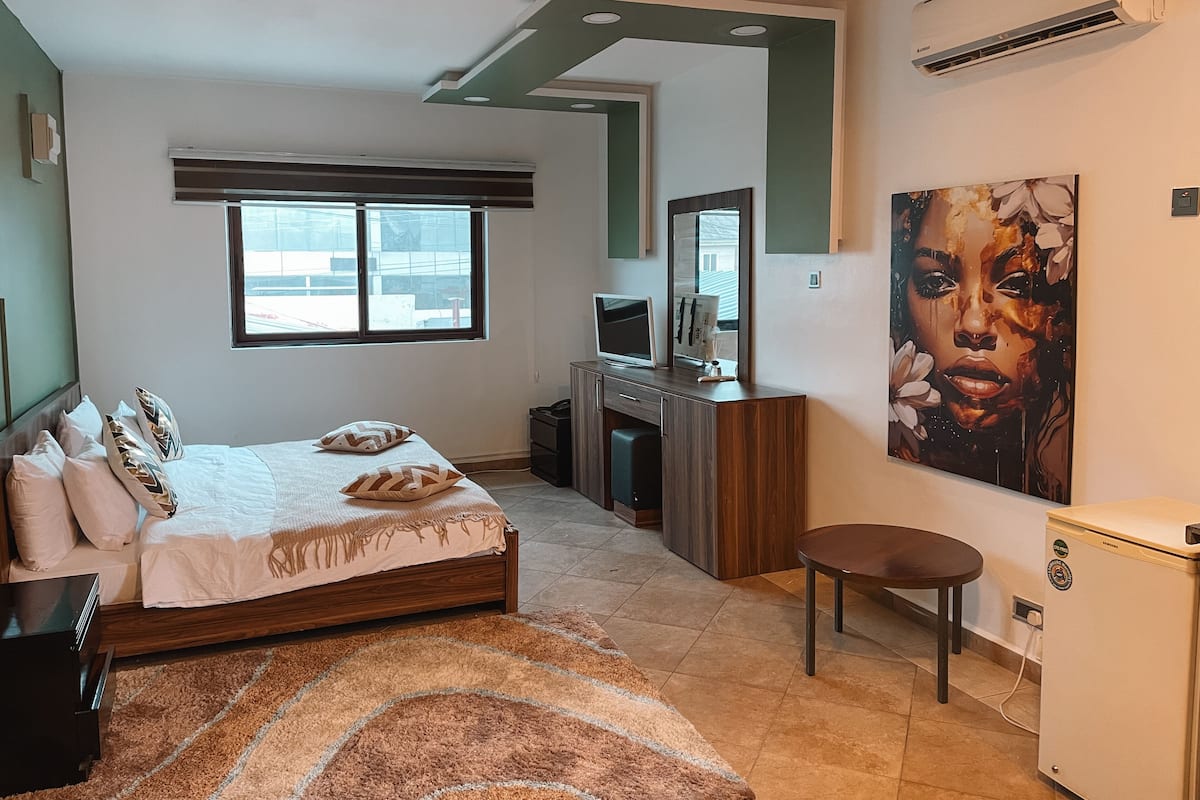 Un dormitorio con cama, escritorio, silla, televisor, un cuadro y aire acondicionado.