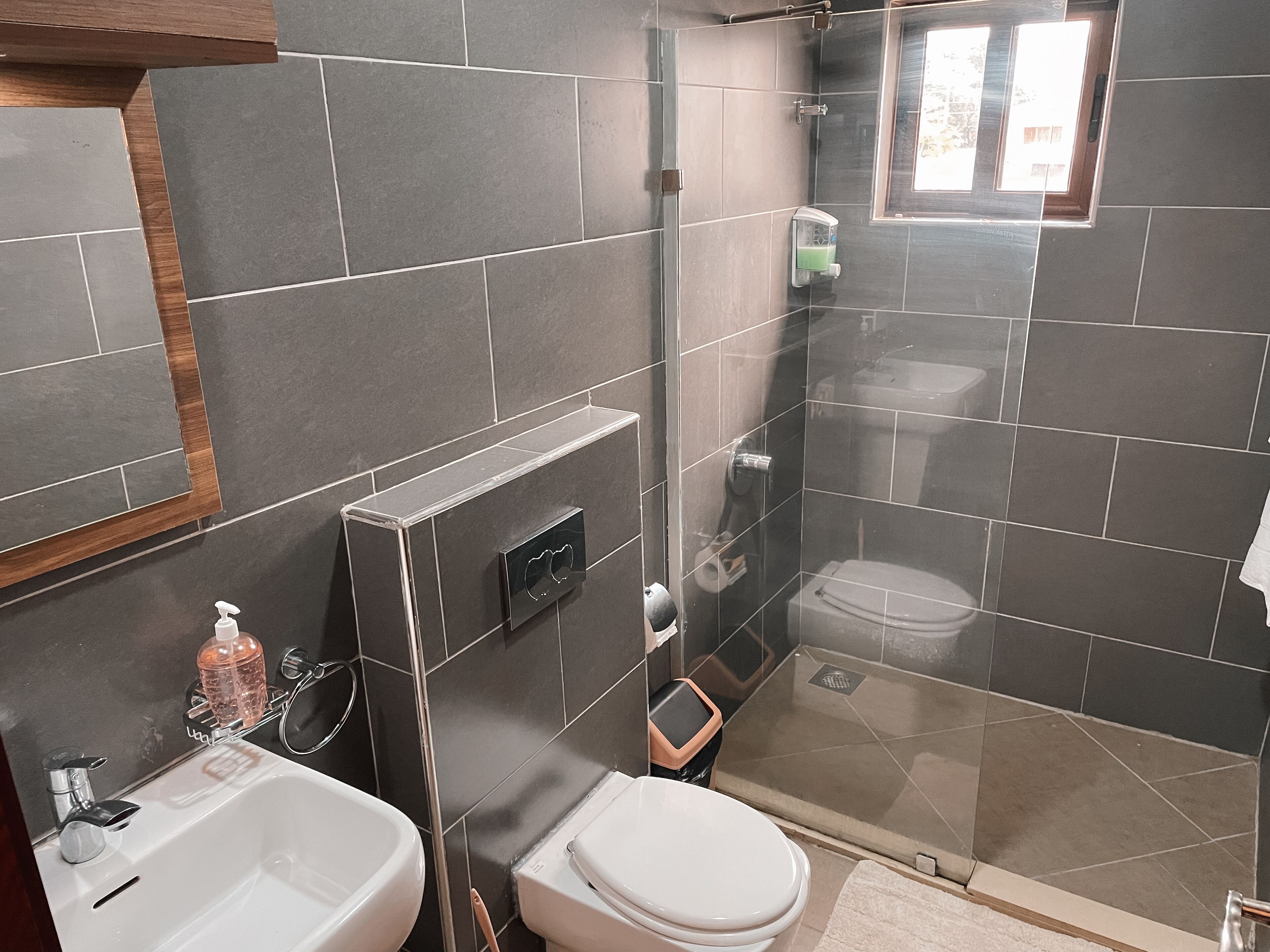 A modern bathroom with a glass shower enclosure, a white sink, and a toilet.