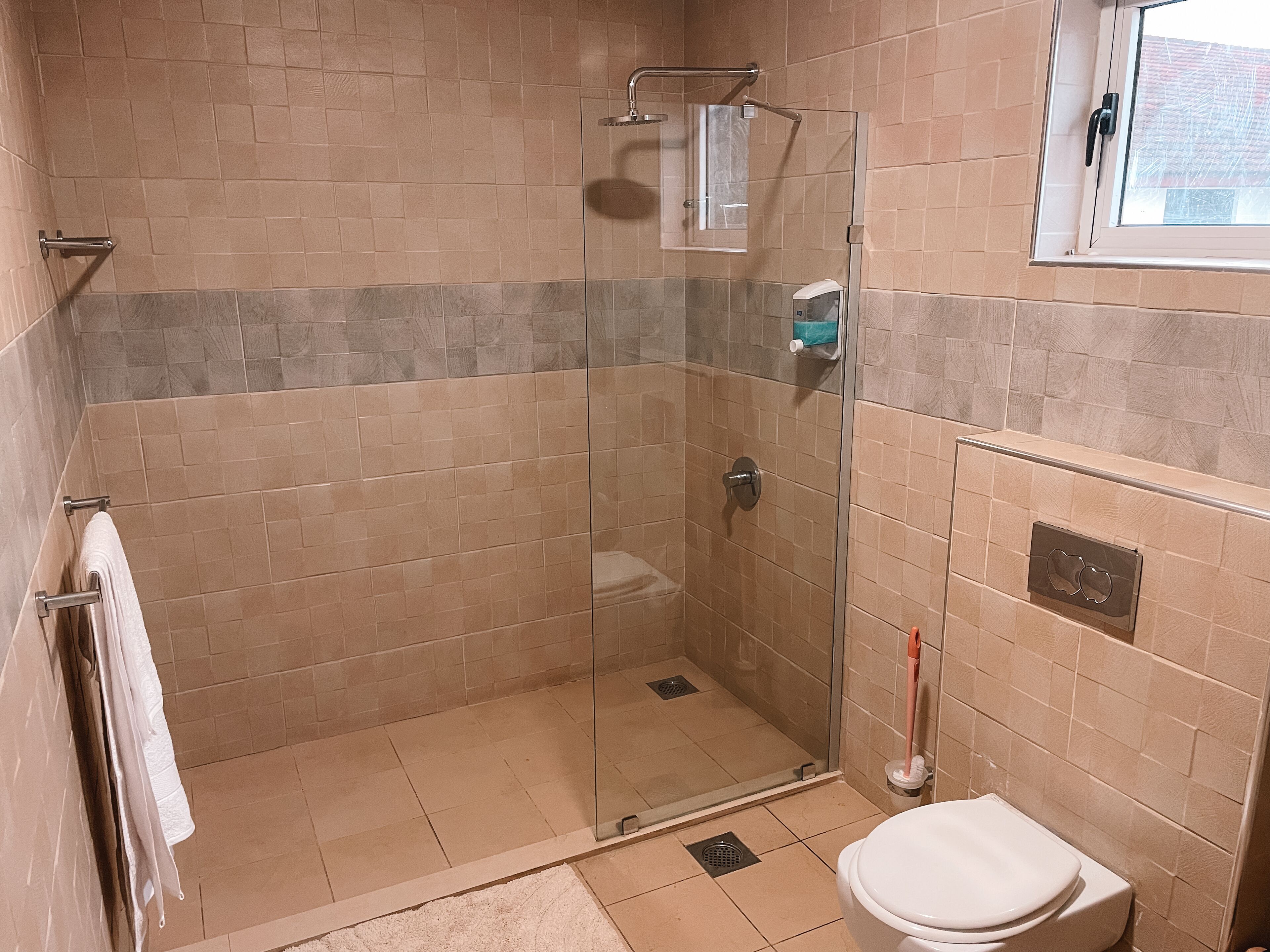 A bathroom with a glass-enclosed shower, a toilet, and a towel rack.