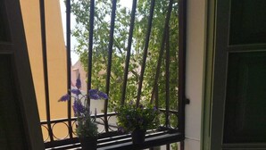 Un balcon avec une balustrade en métal, un pot de fleurs et une vue sur la rue et les immeubles.