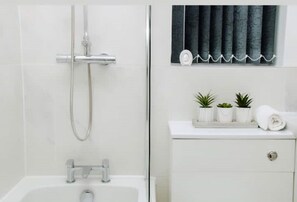 Hair dryer, towels, soap, toilet paper