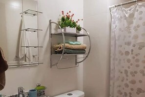 Secador de cabelo, toalhas de banho, sabonete, papel higiênico