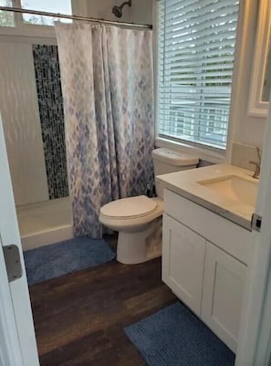 Hair dryer, towels, soap, shampoo