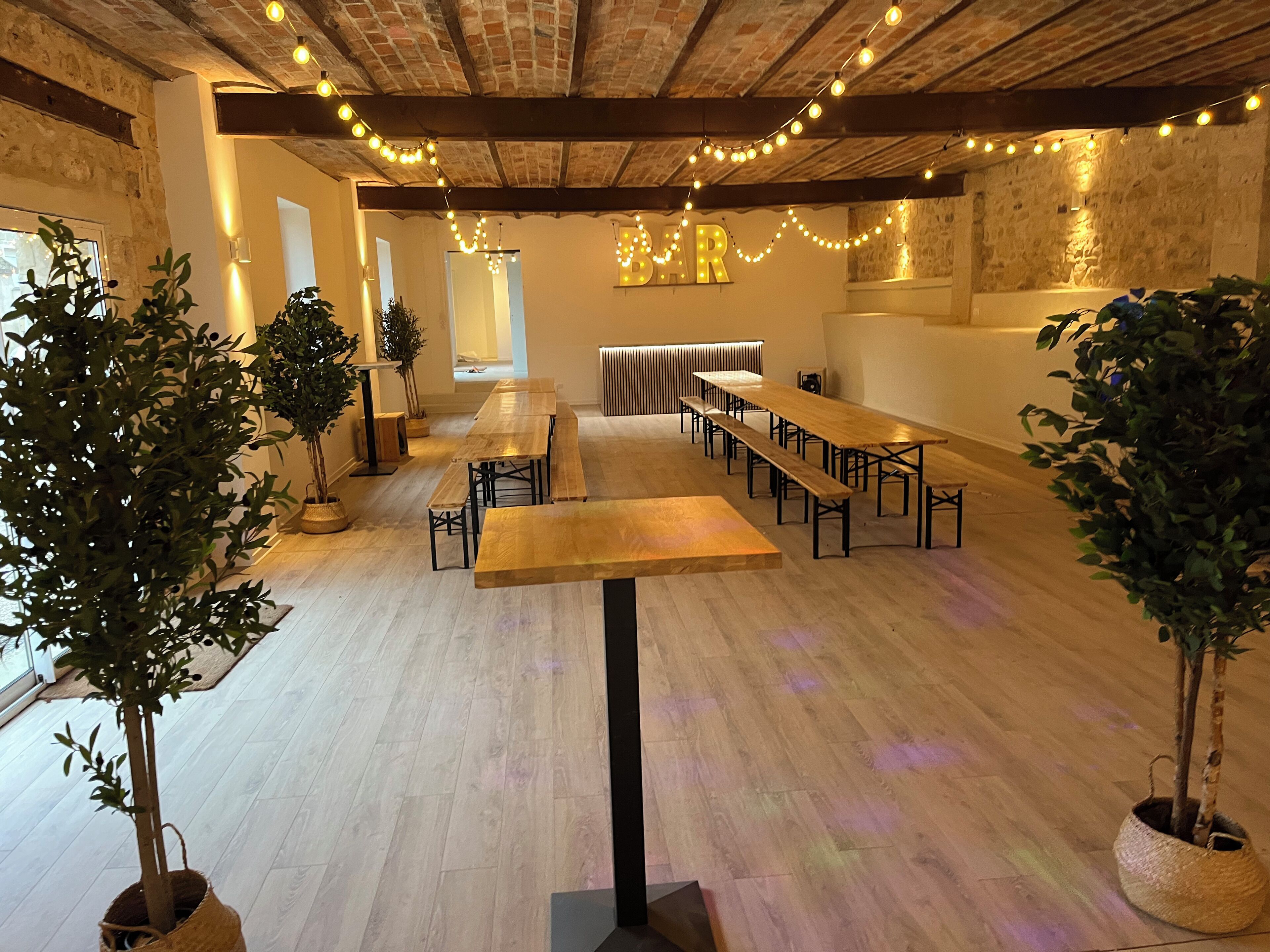 Un espacio amplio con mesas y bancos de madera, luces colgantes y plantas en macetas.