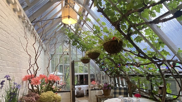 A greenhouse with a table and chairs, surrounded by various plants and flowers. - Victorian Mannor House with easy London access  (Godalming)