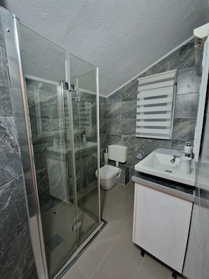 Secadora de cabello, toallas, jabón, papel de baño