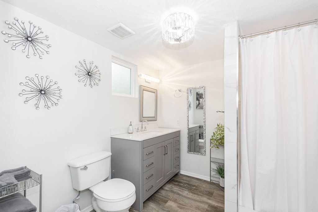 Hair dryer, towels, soap, shampoo