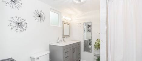 Hair dryer, towels, soap, shampoo