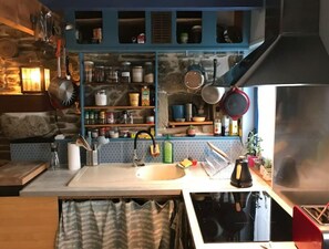 Fridge, microwave, oven, cookware/dishes/utensils