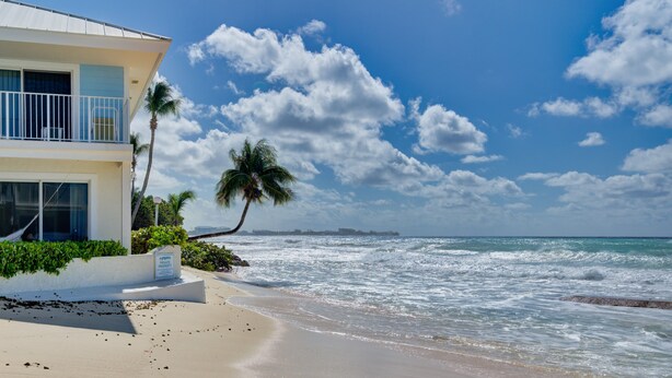 A beachfront property with a modern two-story building, a palm tree, and the ocean. - Beautiful beachfront apartment on Seven Mile Beach! (George Town)