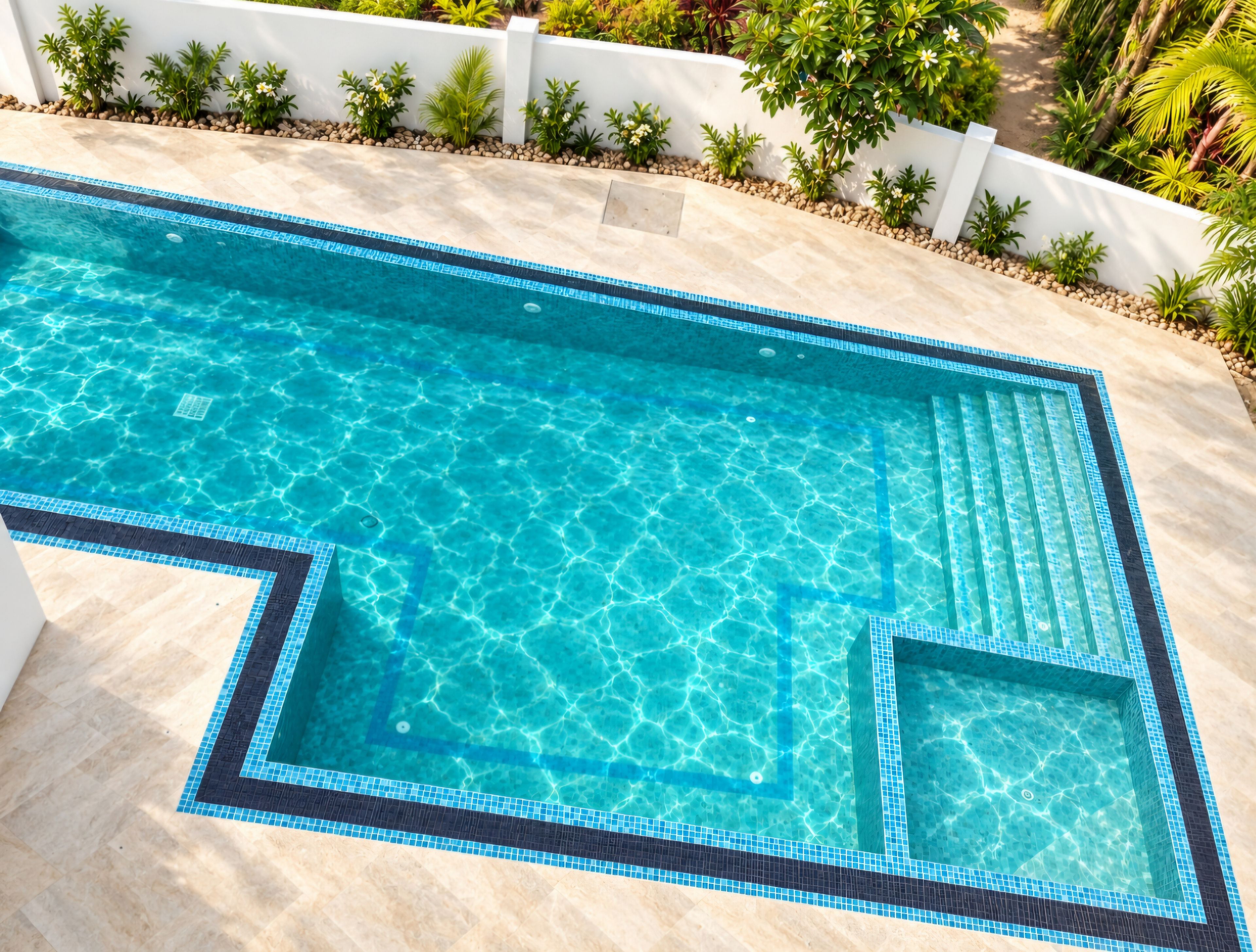 Una piscina rectangular con agua azul cristalina, rodeada por un muro blanco y una diversidad de plantas verdes.