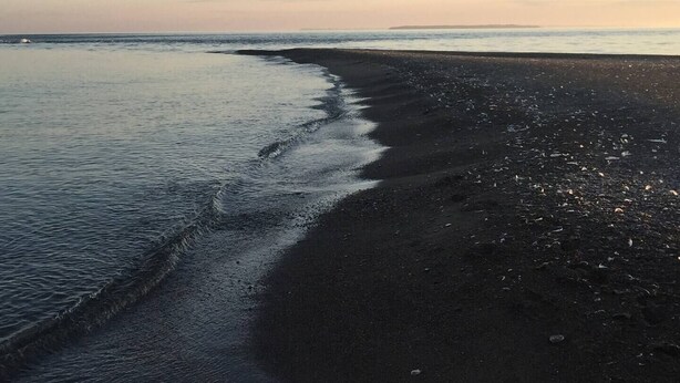 Une plage au rivage incurvé et aux eaux calmes.