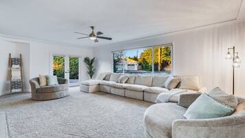 TV, fireplace, foosball