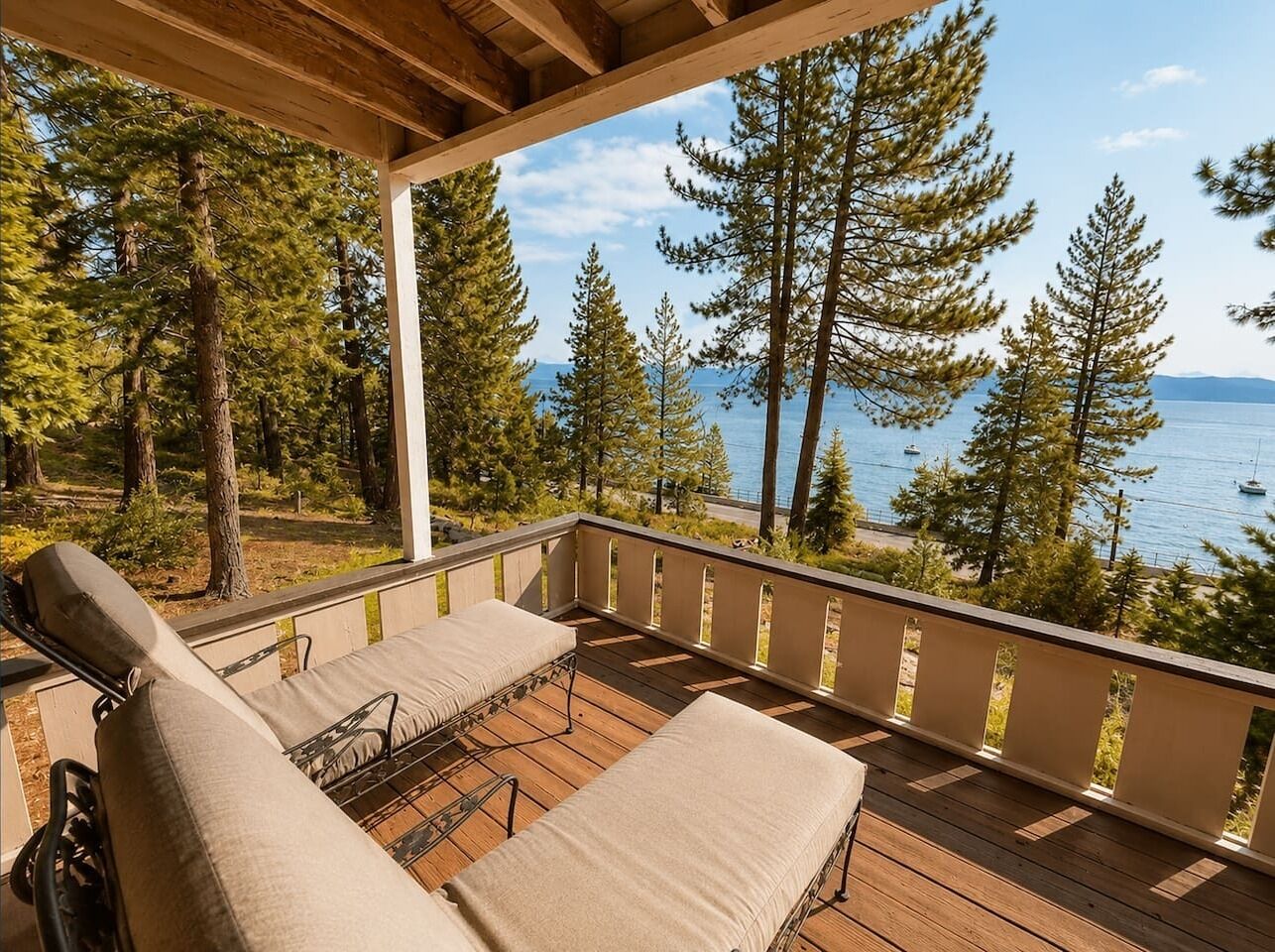 Outdoor dining and lounge space with stunning water views.