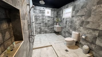 Hair dryer, towels, soap, shampoo