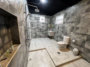Hair dryer, towels, soap, shampoo