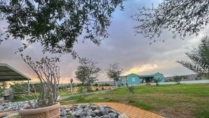 A landscaped garden with a potted plant, a pathway, and a building in the background. - 3 bedrooms in the farm with stay in Desert Hut

 (Ras Al-Khaimah)