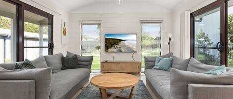 Televisión, chimenea, libros