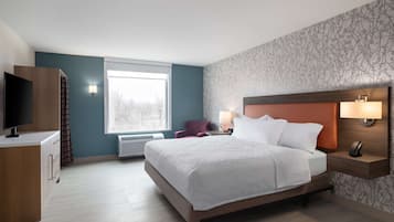 Habitación de hotel moderna con una cama grande, un televisor de pantalla plana, un escritorio y una ventana con vistas a árboles.