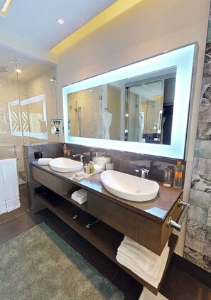 Hair dryer, towels, soap, shampoo