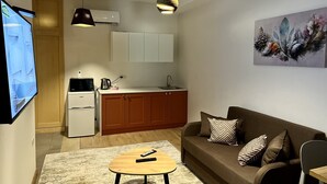 Un espace de vie compact comprenant un coin cuisine, un canapé, une table basse et un téléviseur fixé au mur.