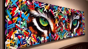 Een groot, kleurrijk abstract schilderij met een kattengezicht op een muur.