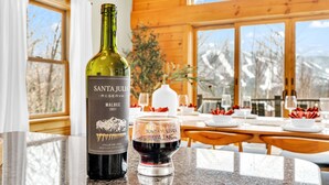 Una botella de vino y una copa sobre una encimera de cocina, con vista a un comedor y montañas al fondo.