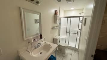 A bathroom with a sink, mirror, shower, and toilet.