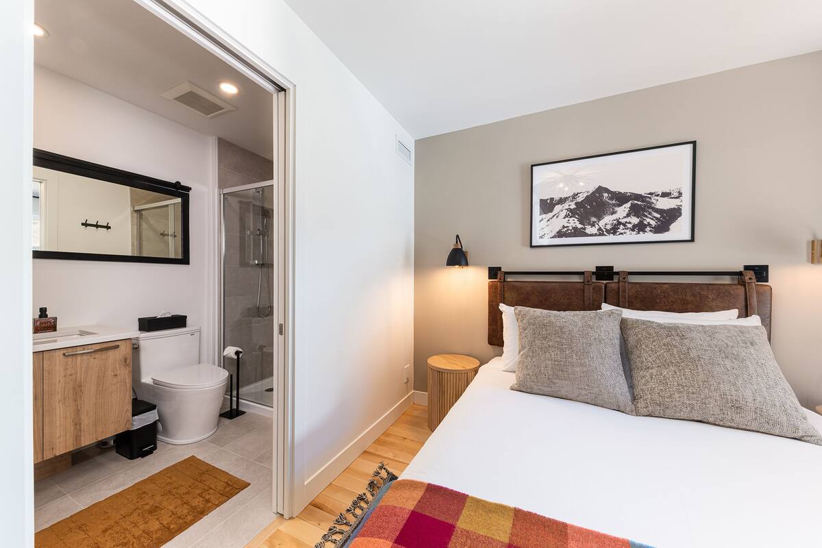 Une chambre à coucher moderne comprenant un lit, une table de chevet, une commode, une tête de lit, un tableau accroché au mur, ainsi qu’une salle de bain avec des toilettes, un lavabo et une douche.