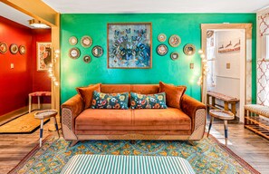 Smart TV, fireplace, books