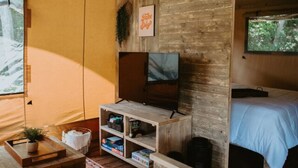 Et hyggeligt værelse med en seng, et træ-tv-bord med tv, et vindue med udsigt til træer og en reol med bøger og en plante.