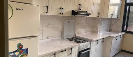 Fridge, microwave, oven, stovetop