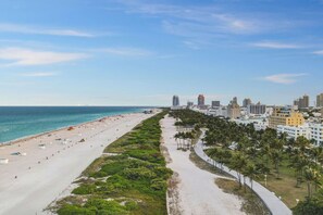 A coastal cityscape with a wide beach, a promenade lined with palm trees, and high-rise buildings in the background.