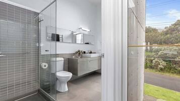 Shower, hair dryer, shampoo